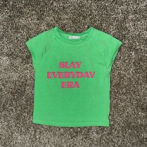 Bershka Green Tee with Pink Text